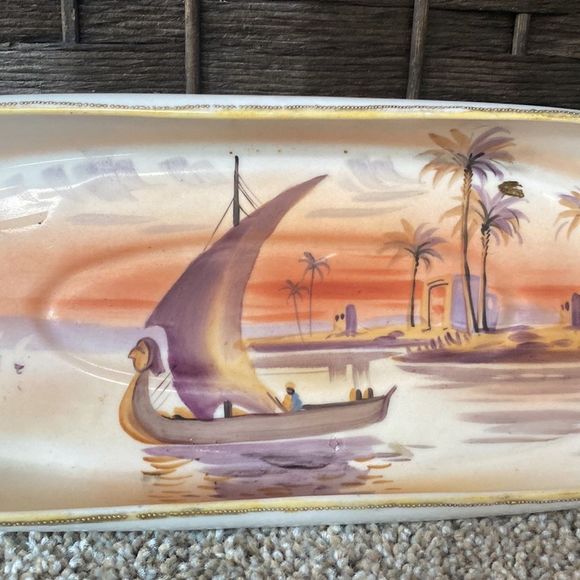Nippon 12" Porcelain Hand Painted Canoe Shaped Dish / Tray - Picture 4 of 11